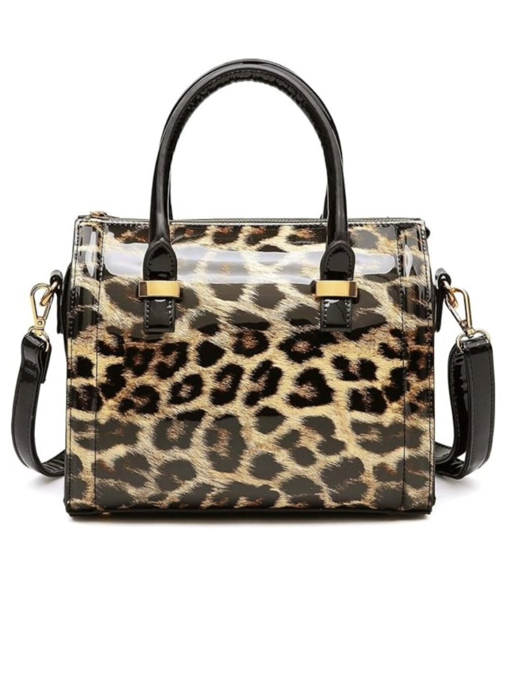 Women's Shiny Patent Faux Leather Handbag Barrel Top Handle, LEOPARD